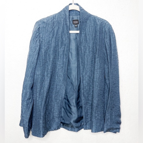 Eileen Fisher Slate Blue Silk Lined Crinkle Textured Jacket Size Medium - Picture 1 of 6